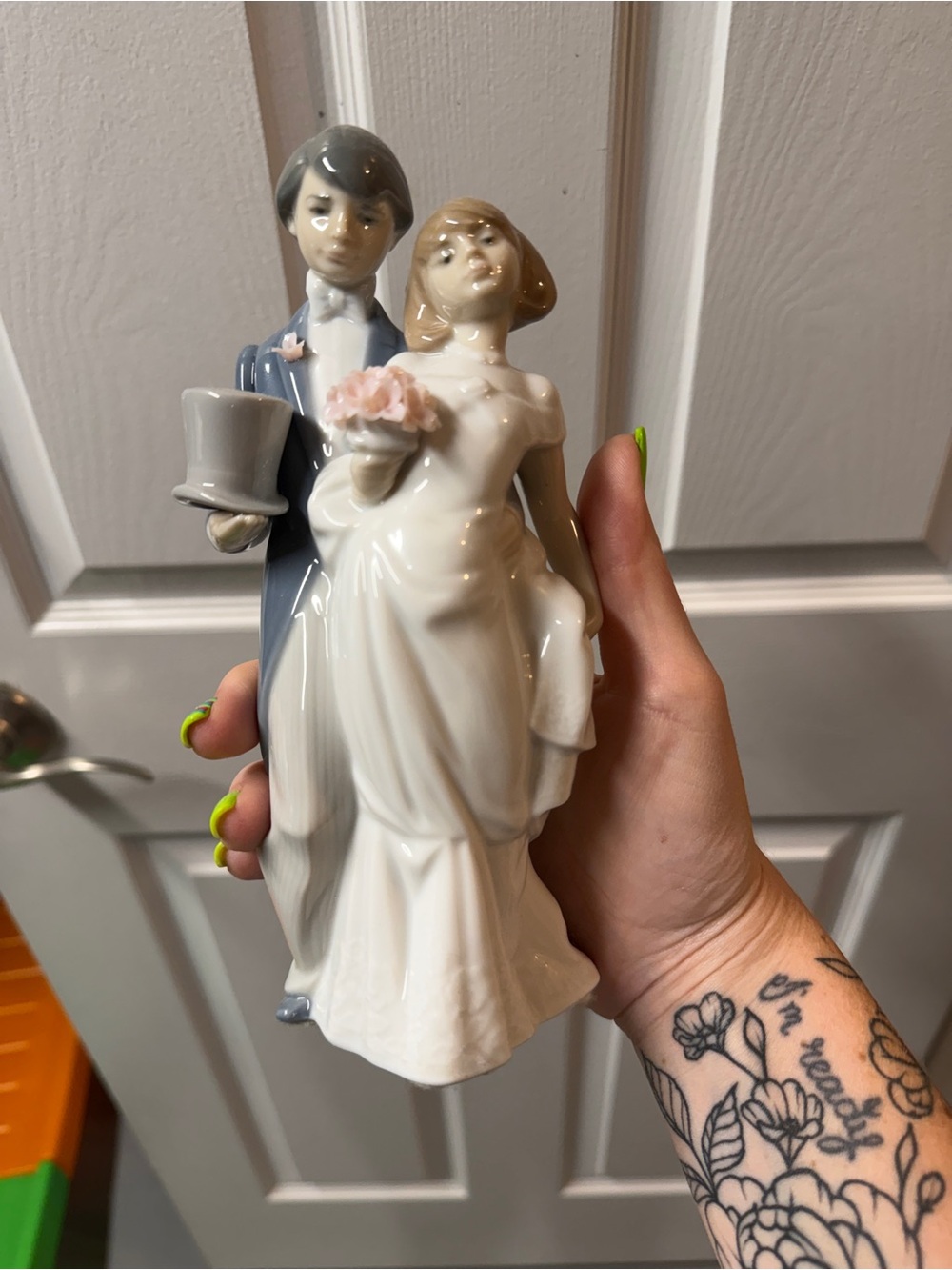Lladro Porcelain Bride and Groom Figurine in White and Blue with Pink Bouquet
